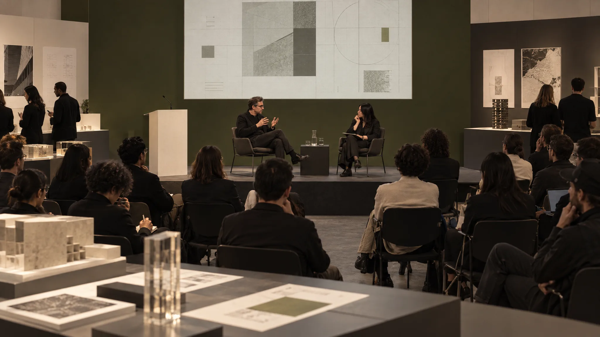 Concept visualisation of the talks programme at The Architecture Fair: two speakers in conversation on a low stage before a seated audience, with a projected drawing behind them.