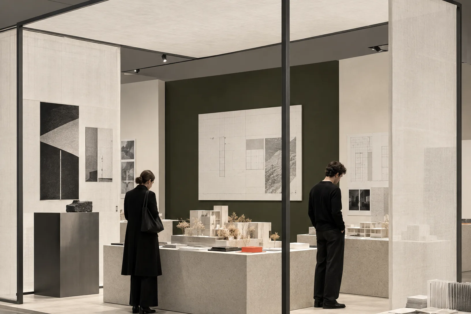 Concept visualisation of a studio stand at The Architecture Fair: two visitors looking at architectural models on stone plinths against an olive wall hung with drawings.